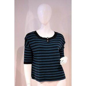 YOON Blue Bamboo NAVY Front STRIPES Top SWEATER Shirt WOOL Cashmere Blend XS